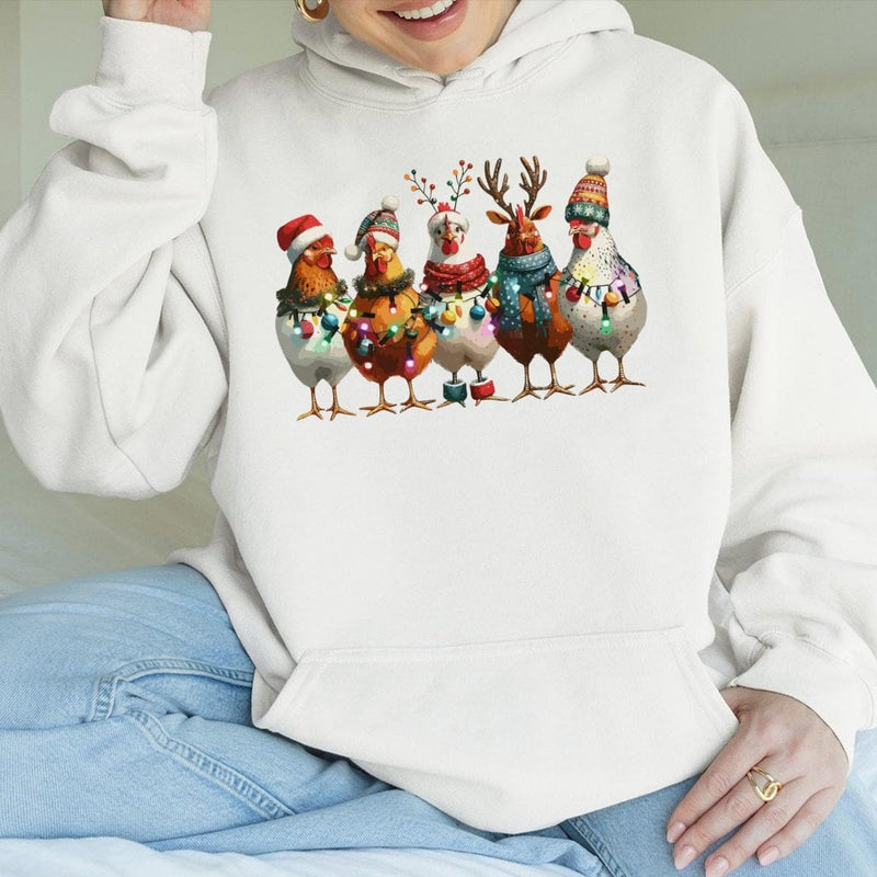 Farm Animal Holiday Lights Hoodie, Humorous Christmas Chicken Hoodie, Adorable Country Xmas Winter Hoodie, Festive Chicken Lover Pullover Present