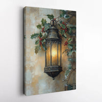 Glowing Holly Berries Canvas, Christmas Lantern Canvas Wall Art, Winter Holiday Art Canvas Print, Xmas Wall Decor, Festive Home Present