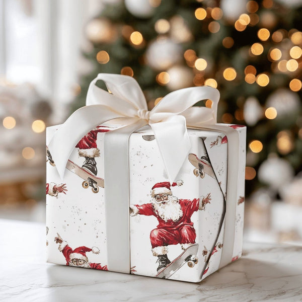 Humorous Skater Christmas Gift Wrap, Skateboarding Santa Wrapping Paper, Watercolor Santa Claus Present Paper, Winter Holiday