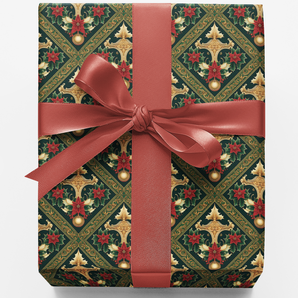 Elegant Damask Gift Wrap Roll, Victorian Poinsettia Wrapping Paper, Vintage Floral Christmas Wrapping Paper, Holiday Present 