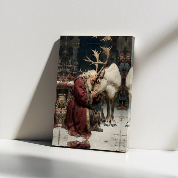 Winter Holiday Painting Canvas Print, Santa Claus and Reindeer Canvas Wall Art, Christmas Season Canvas Decor, Festive Holida