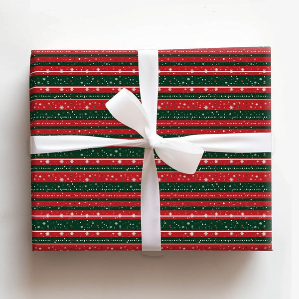 Christmas Stripe Gift Wrap, Red Green Striped Snowflake Wrapping Paper, Traditional Holiday Wrapping Paper, Winter Present Gi