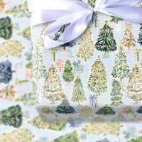 Whimsical Holiday Gift Wrap, Watercolor Christmas Tree Wrapping Paper, Light Blue Xmas Tree Wrapping Paper, Seasonal Gift Wrap Roll