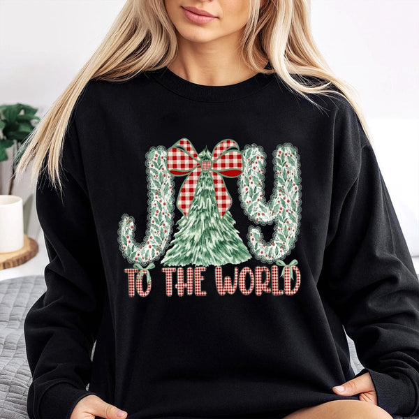 Plaid Christmas Tree Crewneck, Joy to the World Sweatshirt, Christian Holiday Sweater, Festive Xmas Graphic Pullover, Women C