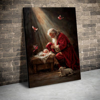 Religious Christmas Nativity Canvas Wall Art, Santa Kneeling at Manger Canvas Print, Holy Night Faith Canvas, Christian Holiday Decor Present