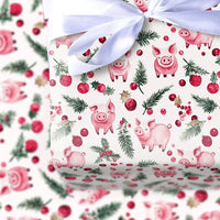 Watercolor Holly Farm Animal Gift Wrap, Christmas Pig Wrapping Paper, Holiday Pig Ornament Wrapping Paper, Adorable Botanical Pig Gift Wrap