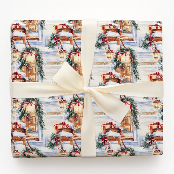 Winter Sled Holiday Gift Wrap, Snowy Front Porch Christmas Wrapping Paper, Rustic Cottage Porch Wrapping Paper, Festive Winte