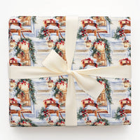 Winter Sled Holiday Gift Wrap, Snowy Front Porch Christmas Wrapping Paper, Rustic Cottage Porch Wrapping Paper, Festive Winter Gift Wrap