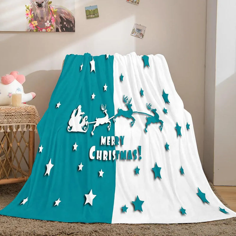 Teal Reindeer Throw Blanket, Merry Christmas Santa Sleigh Blanket, Winter Starry Night Fleece Blanket, Holiday Home Decor Blanket