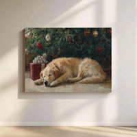 Christmas Tree Oil Painting Style Print, Sleeping Golden Retriever Canvas Art, Holiday Dog Wall Decor, Festive Pet Lover Canvas Present