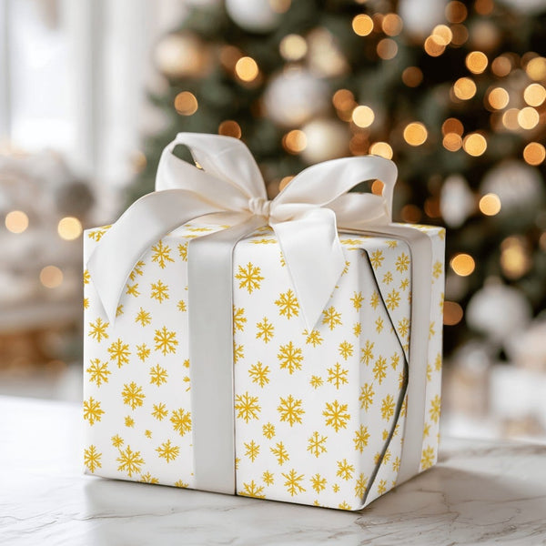 Yellow Winter Snowflake Gift Wrap, Golden Snowflake Wrapping Paper, Elegant Holiday Wrapping Paper, Christmas Present Paper, 