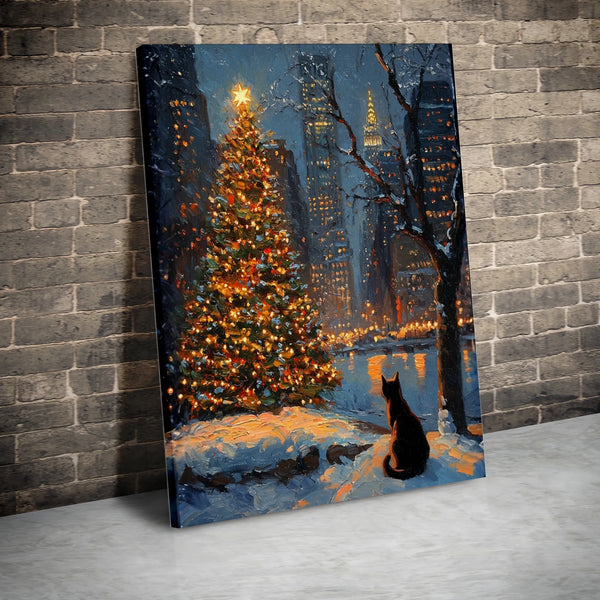 NYC Winter Snow Canvas Print, Black Cat Christmas Canvas Art, Impressionist Holiday Canvas Wall Art, Snowy City Wall Decor, C