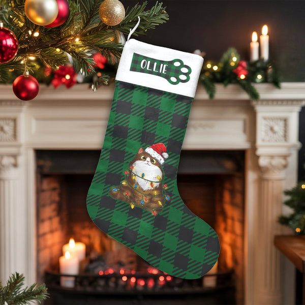 Green Buffalo Plaid Kitten Stocking, Personalized Cat Christmas Stocking, Festive Pet Christmas Stocking, Cat Lover Holiday M