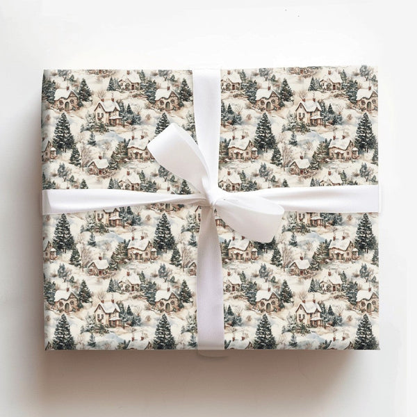 Snowy Cottage Gift Wrap, Vintage Winter Village Wrapping Paper, Retro Christmas Wrapping Paper Roll, Nostalgic Holiday Presen