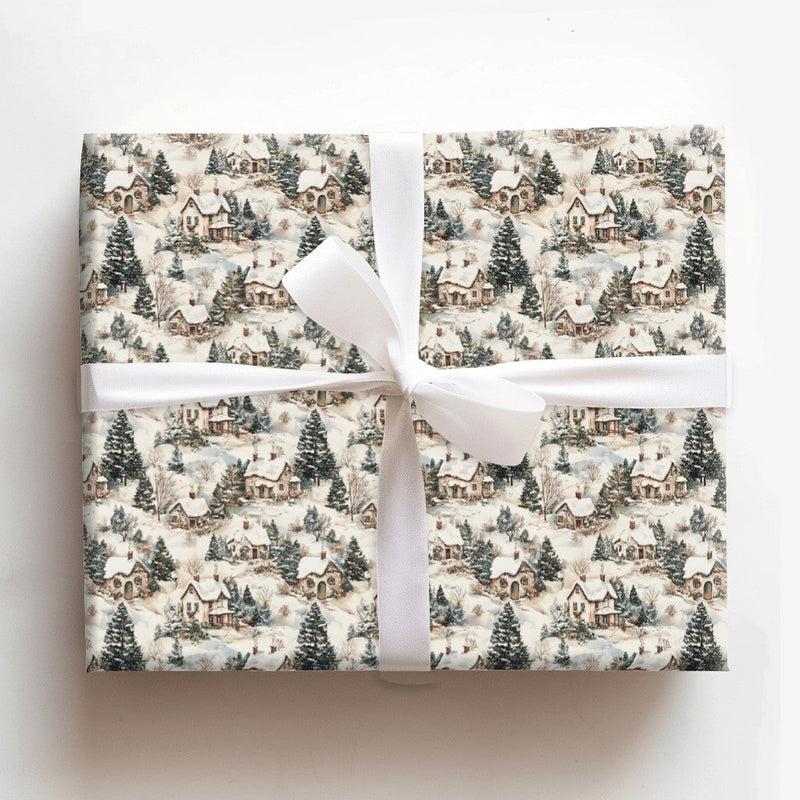 Snowy Cottage Gift Wrap, Vintage Winter Village Wrapping Paper, Retro Christmas Wrapping Paper Roll, Nostalgic Holiday Present Wrap Paper