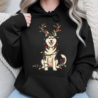 Reindeer Antler Dog Hooded Sweatshirt, Christmas Lights Husky Hoodie, Siberian Husky Pullover, Humorous Holiday Dog Sweater, Dog Mom Present