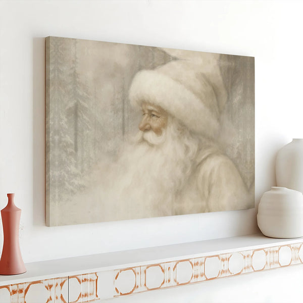 Neutral Winter Forest Portrait Print, Vintage Santa Claus Wall Art Canvas, Rustic Christmas Holiday Decor, Xmas Present for L