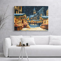 European Winter Village Canvas Art, Christmas Market Canvas Print, Festive Holiday Night Canvas, Snowy City Wall Decor, Christmas Present