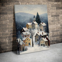 Snowy Mountain Village Print, Winter Village Canvas Wall Art, Christmas Town Landscape Art, Comfy Winter Village Digital Download