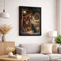 Snowy Christmas Stable Winter Scene Print, Horse and Labrador Canvas Wall Art, Holiday Farmhouse Decor, Digital Download
