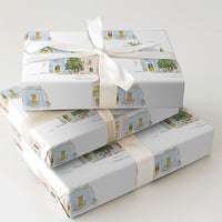 Tropical Village Wrapping Paper, Coastal Christmas Wrapping Paper, Watercolor Beach House Gift Wrap, Pastel Coastal Town Wrapping Paper