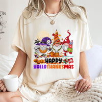 Adorable Halloween Thanksgiving Christmas Holiday Tee, Hallothanksmas Gnome T-Shirt, Festive Fall Winter Gnome Graphic Shirt, Holiday Present