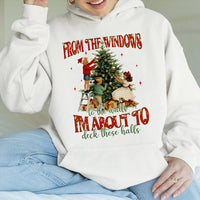 Retro Christmas Holiday Sweatshirt, Humorous Deck the Halls Hoodie, Adorable Xmas Humor Hooded Pullover, Festive Winter Graphic Sweater Present