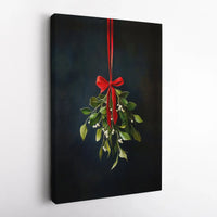 Red Ribbon Christmas Canvas Print, Hanging Mistletoe Canvas Wall Art, Holiday Botanical Wall Decor, Winter Floral Canvas, Festive Xmas Present