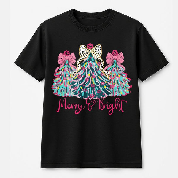 Pink Bow Merry and Bright Shirt, Coquette Christmas Tree T-Shirt, Preppy Christmas Tree Tee, Girly Christmas Graphic Shirt, H