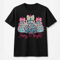 Pink Bow Merry and Bright Shirt, Coquette Christmas Tree T-Shirt, Preppy Christmas Tree Tee, Girly Christmas Graphic Shirt, Holiday Present Tee