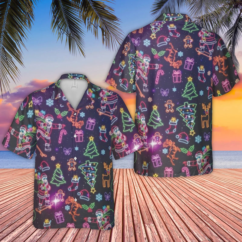 Neon Christmas Skateboarding Button Up Shirt, Dabbing Santa Hawaiian Shirt, Humorous Holiday Aloha Shirt, Retro Winter Party Tropical Shirt