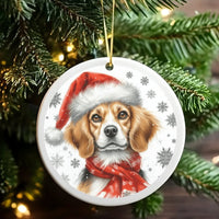 Festive Dog in Santa Hat and Scarf Ornament, Beagle Christmas Ornament, Glossy Ceramic Tree Keepsake, Hound Puppy Lover Holiday Present