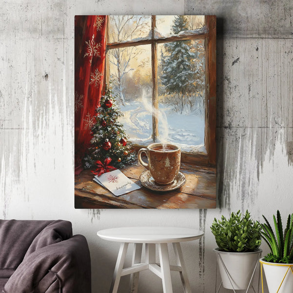 Snowy Landscape and Coffee Print, Comfy Christmas Window Canvas Wall Art, Festive Holiday Canvas Decor, Winter Season Wall Ar