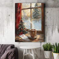 Snowy Landscape and Coffee Print, Comfy Christmas Window Canvas Wall Art, Festive Holiday Canvas Decor, Winter Season Wall Art Present for Home
