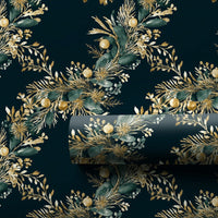 Elegant Gold Green Gift Wrap Roll, Botanical Wreath Christmas Wrapping Paper, Winter Holiday Present Paper, Dark Floral Gift Wrap