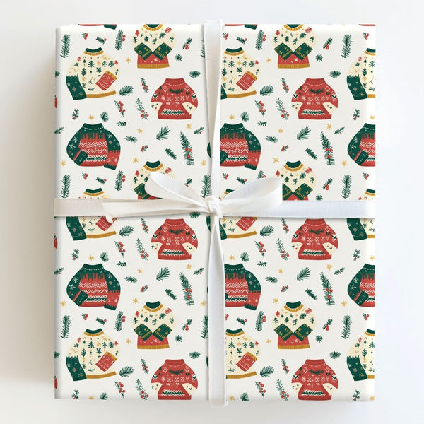 Holiday Pine and Berries Gift Wrap, Ugly Christmas Sweater Wrapping Paper, Festive Winter Sweaters Paper Roll, Adorable Xmas 