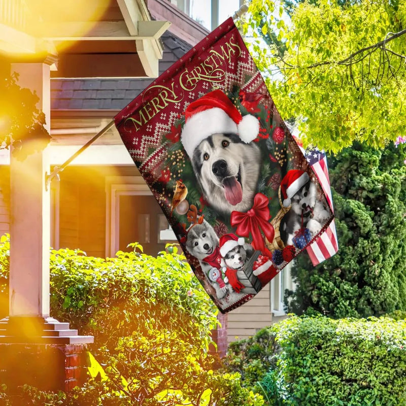 Holiday Siberian Husky Dog Yard Flag, Christmas Husky Garden Flag, Double Sided Winter Pet Garden Flag, Outdoor Lawn Decor, Dog Lover Present