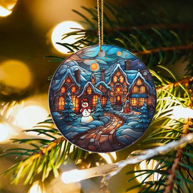 Snowman Ceramic Ornament, Stained Glass Winter Village Ornament, Winter Village Christmas Ornament, Festive Holiday Tree Decor, Family Present