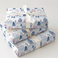 Snowy Cottage Gift Wrap, Winter Village Wrapping Paper, Watercolor Pastel House Christmas Wrapping Paper, Comfy Holiday Town Wrapping Paper