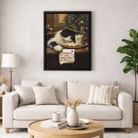 Adorable Holiday Kitten Wall Art Print, Sleeping Cat Christmas Canvas Art, Xmas Cat Milk and Cookies Poster