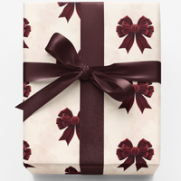 Crimson Red Bows Gift Wrap, Velvet Ribbons Wrapping Paper, Cream Holiday Bow Pattern Wrapping Paper, Vintage Christmas Gift Wrap Roll