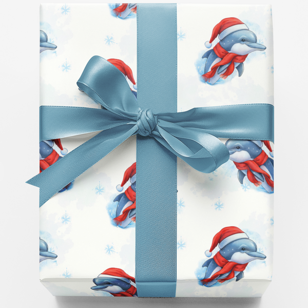 Winter Ocean Holiday Wrapping Paper, Christmas Dolphin Gift Wrapping Paper, Adorable Marine Animal Gift Wrapping Paper, Kids 