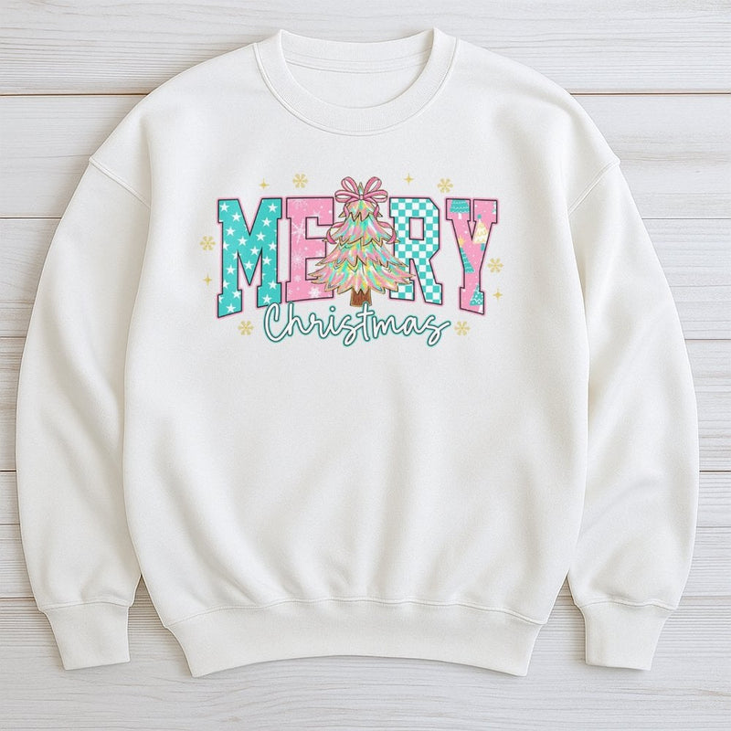 Pastel Checkered Tree Holiday Crewneck, Merry Christmas Sweatshirt, Adorable Aesthetic Xmas Sweater, Winter Holiday Pullover for Her
