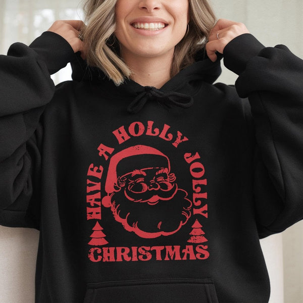 Holly Jolly Vintage Graphic Hooded Sweatshirt, Retro Santa Christmas Hoodie, Comfy Holiday Season Pullover, Adorable Xmas App