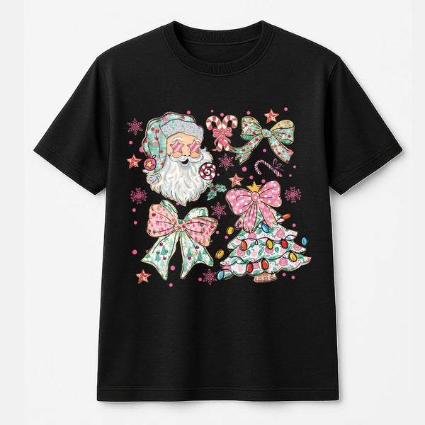 Aesthetic Santa Claus Graphic Tee, Coquette Pink Bow Christmas T-Shirt, Adorable Vintage Holiday Girly Shirt, Festive Xmas Gr