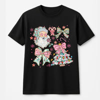 Aesthetic Santa Claus Graphic Tee, Coquette Pink Bow Christmas T-Shirt, Adorable Vintage Holiday Girly Shirt, Festive Xmas Graphic T-Shirt