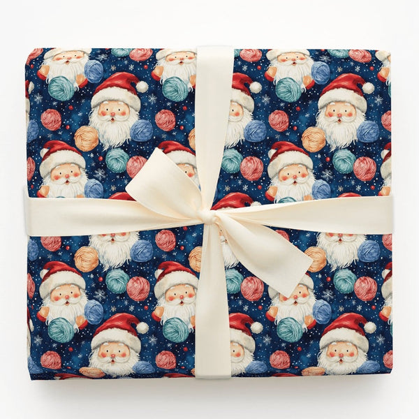 Starry Yarn Santa Claus Wrapping Paper, Knitting Santa Wrapping Paper, Navy Blue Christmas Wrapping Paper, Crafter Holiday Gi
