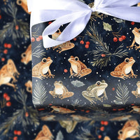 Botanical Nature Holiday Gift Wrap, Watercolor Frog Wrapping Paper, Christmas Frog Wrapping Paper, Winter Holly Berry Floral Wrapping Paper