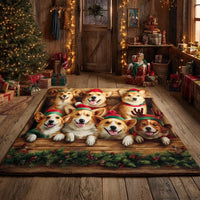 Festive Dog Holiday Floor Rug, Corgi Christmas Area Rug, Adorable Winter Wonderland Accent Rug, Non Slip Washable Rug, Corgi Lover Present