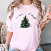 Minimalist Christian Holiday Tee, All Is Calm All Is Bright Christmas Tree T-Shirt, Silent Night Bible Verse Shirt, Winter Xmas Top